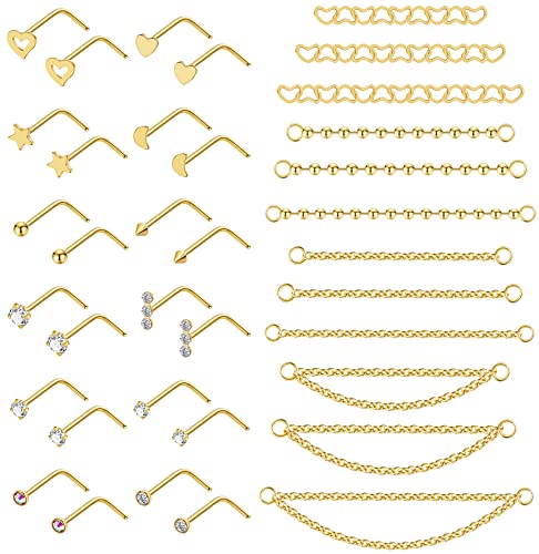 20G Stainlesss Steel Nose Rings Stud Nose Chain Piercing Across Double Nose Stud Womens Nostril Piercing Jewelry - color: L Shaped Gold