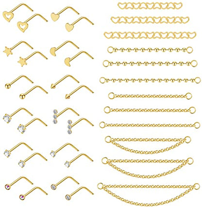 20G Stainlesss Steel Nose Rings Stud Nose Chain Piercing Across Double Nose Stud Womens Nostril Piercing Jewelry - color: L Shaped Gold