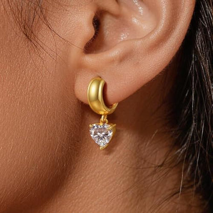 Chunky Gold Huggie Cz Dangle Earrings for Women | Hoop Huggies Dangly, Cubic Zirconia Drop Earring, Diamond Crystal Charm, Statement Dangling Earrings, Jewelry Gifts - color: Gold-Heart