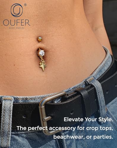 OUFER 14G Star Silver Gold Dangle Belly Button Ring 316L Surgical Stainless Steel CZ 10mm Bar Length Navel Piercing Jewelry for Women - color: Gold