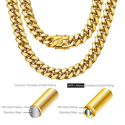 Mens 18k Gold Plated Stainless Steel Hip Hop Cuban Curb Link Chain Necklace