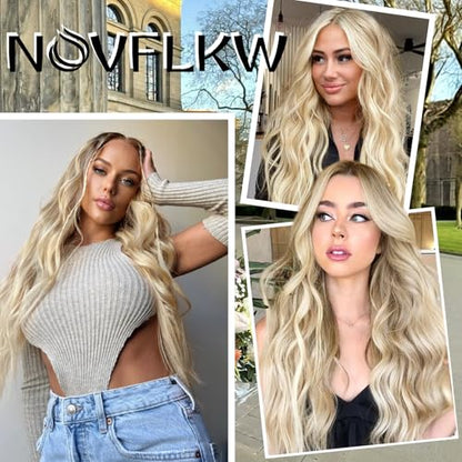 Beige Blonde Halo Hair Extensions with Light Blonde Highlights | 20 Inch Wavy Synthetic Fiber with Invisible Wire and 4 Secure Clips for Easy Daily Styling and Party Wear - color: Blonde Highlights