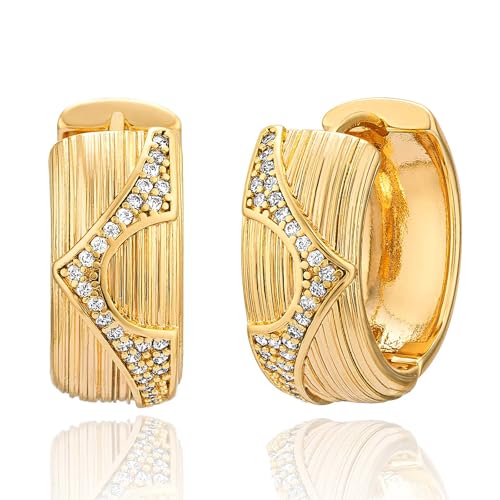 DREMMY STUDIOS Gold Dainty Huggie Hoop Earrings 18K Gold Plated Exquisite Open Tassel Dangle Charm Drop Sleeper Geometric Cross Coin Star Heart White CZ Simple Hypoallergenic Earrings for Women - color: Wide CZ Hoops