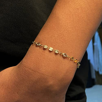 Womens Dainty Gold Chain Bracelet,Simple Layered Chain Bracelets,Beaded Turquoise Bracelet,Charm Crystal Bar,Heart,Karma,Triangle,Pearl Bracelets for Women - color: Gold Disc/CZ
