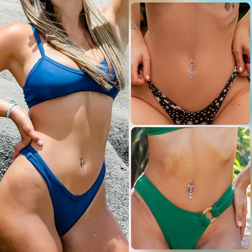 REVOLIA 14G F136 Titanium Dangle Belly Button Ring for Women Dangling Navel Ring Hypoallergenic Belly Ring Externally Threaded Barbell CZ Bow Navel Piercing Jewelry - color: Silver