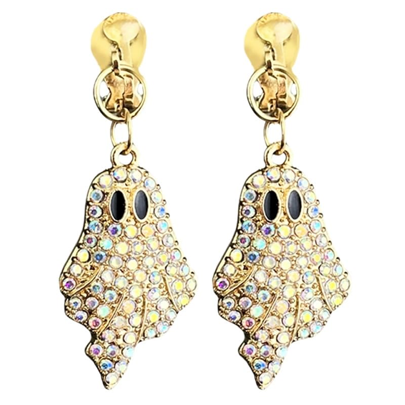 Shiny Rhinestone Ghost Pumpkin Drop Dangle Earrings Crystal All Saints' Day Spooky Earrings Halloween Party Jewelry Gifts for Women - color: White Clip-on