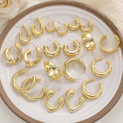 12 Pairs Chunky Gold Hoop Earrings for Women Trendy, Gold Plated Lightweight Hypoallergenic Stack, Thick Open Twisted Huggie Hoops Earring Set - color: 10 Pairs Gold stack