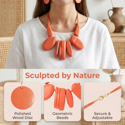 Coiris Chunky Statement Necklace and Earring Sets for Women Boho Wooden Necklaces Earrings Jewelry Set for Women - color: Orange