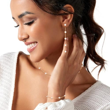 Zeffy Gold Pearl Necklace for Women, Dainty 14K Gold/Silve Plated Layered Pearl Choker Pearl Earrings Pearl Bracelets Wedding Trendy Gold Jewelry Set for Women Gifts - style: Gold Pearl Choker&Drop Earring&Bracelet-3PCS