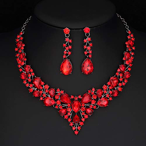 Molie Bridal Austrian Crystal Necklace and Earrings Jewelry Set Gifts fit with Wedding Dress - color: 4Pcs/Set-Red-Black tone