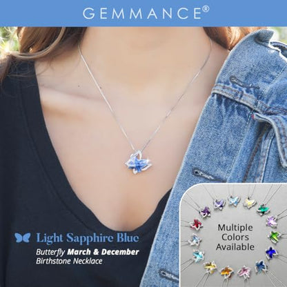 Butterfly Necklace, Birthstone Crystal, for Women, Silver Tone Pendant Jewelry, Anniversary Birthday Gift for Her, Wife & Mom, 18"+2" - color: 03-March & December Birthstone - Light Sapphire Blue Crystal