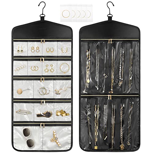 CHICECO Travel Jewelry Holder Organizer,Hanging Jewelry Organizer Storage With Zippered Pockets for Cloest,Wall,Door,Jewelry Holder for Earrings, Necklaces（Beige Black） - color: 1Beige Black