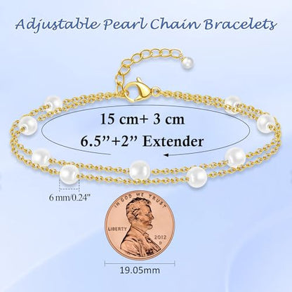 DAYANEY Pearl Bracelets for Women Gold Bracelet Silver Pearl Jewelry | Gold Bracelet Silver Pearl Jewelry Summer Gifts for Girls Dainty Daisy and Heart Bracelets Cute Floral Jewelry for Bridesmaid - style: Gold Pearl-Layered