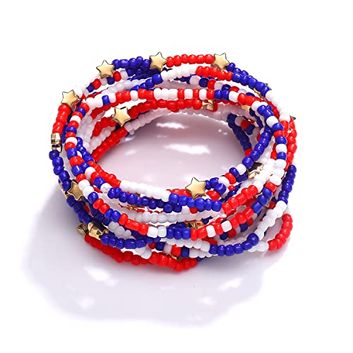 HEIDKRUEGER Bead Stretch Bracelets Independence Colorful Tiny Beaded Stackable Vsco Bracelets Boho Summer Vacation Adjustable Bangle Bracelet for Women Girls 14Pcs - color: American Red Blue