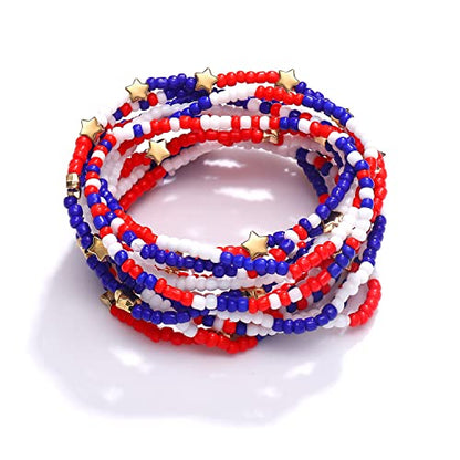 HEIDKRUEGER Bead Stretch Bracelets Independence Colorful Tiny Beaded Stackable Vsco Bracelets Boho Summer Vacation Adjustable Bangle Bracelet for Women Girls 14Pcs - color: American Red Blue
