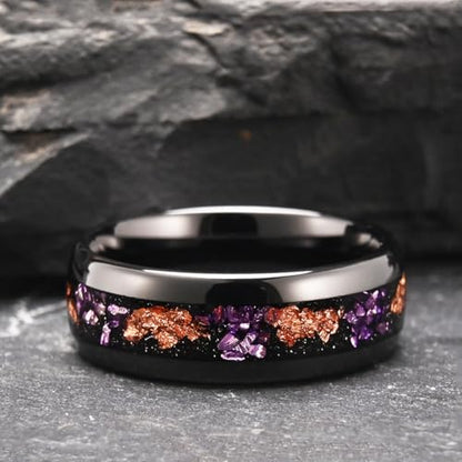 Tungsten Rings for Men and Women 8mm/4mm Men’s Wedding Bands | 8mm Black Inlaid Purple Galaxy Opal Fashion High Polished Suitable for engagement and anniversary parties comfortable fit - color: 8mm gold and purple