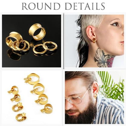 2 Pairs Stainless Steel Ear Plugs Tunnels Set with 2 Stacked Rings, Round & Teardrop Gauges for Ears, Hypoallergenic Surgical Steel Ear Stretcher Expander Body Jewelry - color: Gold, size: 10mm(00g)