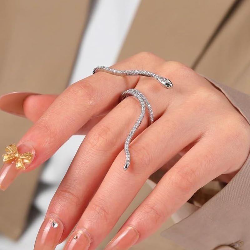 Dainty Crystal Snake Open Ring for Women CZ Snake Ring Gold/Silver Cubic Zirconia Adjustable Copper Ring for Her Lover Animal Snake Index Finger Ring - color: silver