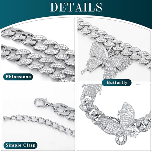 3 Pcs Butterfly Cuban Jewelry Set Cuban Link Chain Necklace for Women Rhinestone Pendant Necklace Bracelet Large Hoop - color: Silver, style: Fashion