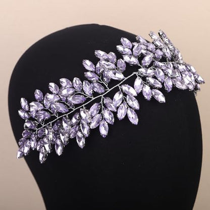 Missgrace Women Silver Green Black Red Blue Handmade Full Crystal Rhinestone Large Headband Hair Vine Shinny Headpiece Bridal Wedding Hair Accessories for Women (Light purple) - color: Light purple
