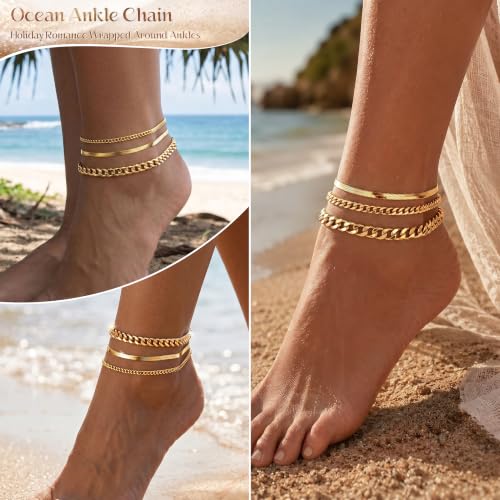 DEARMAY Gold Anklets for Women Waterproof | Non Tarnish14K Gold Plated Ankle Bracelets Set Stack, Summer Beach Jewelry Gifts for Vacation - color: Gold Anklet-B