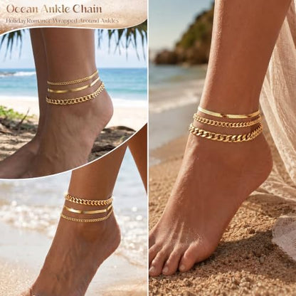 DEARMAY Gold Anklets for Women Waterproof | Non Tarnish14K Gold Plated Ankle Bracelets Set Stack, Summer Beach Jewelry Gifts for Vacation - color: Gold Anklet-B