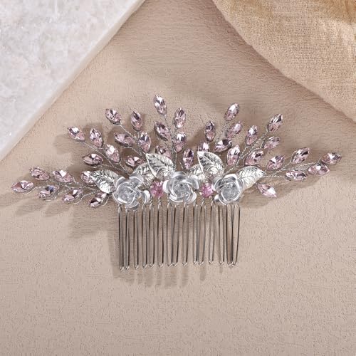 3D Flower Hair Comb with Pink Crystal for Wedding Brides Women Banquet Prom Hair Piece Handmade Silver Side Headpiece (Pink) - color: Pink