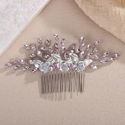 3D Flower Hair Comb with Pink Crystal for Wedding Brides Women Banquet Prom Hair Piece Handmade Silver Side Headpiece (Pink) - color: Pink