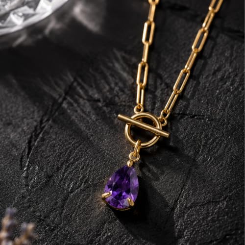 Teardrop CZ Pendant Paperclip Chain Necklace 18K Plated Paperclip Toggle Necklace Jewelry Birthstone Gift for Women - color: Amethyst-February