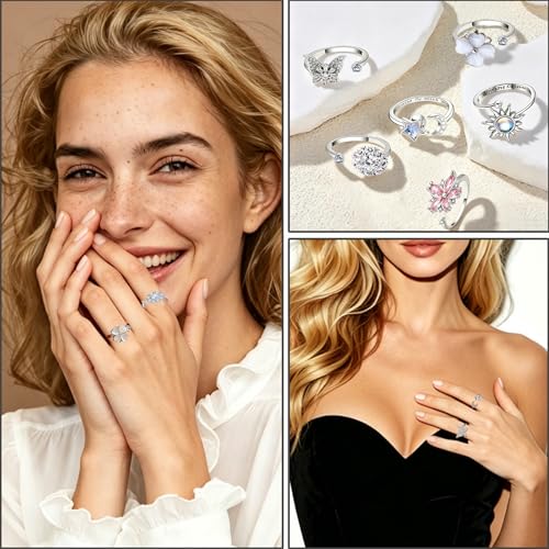6Pcs Fidget Anxiety Rings for Women, Silver Adjustable Open Spinner Rings for Anxiety, Stress Relief Rotating Rings with Butterfly Sun Star Flower Four-Leaf Clover Designs, Fidget Jewelry for Women - color: Silver