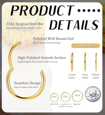 3pcs Nose Rings Hoops - 316L Surgical Steel Nose Hoops 16G/18G/20G CZ Opal Turquoise Clicker Septum Nose Ring Lip Helix Cartilage Hoop Earring Daith Rook Conch Body Piercing Jewelry for Women Men 6mm 8mm 10mm - color: Gold, size: 16 gauge(1.2mm)-6mm