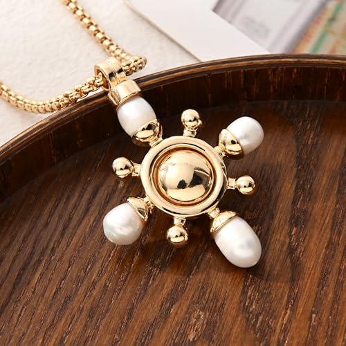 14K Gold Plated Two Sides Carved Stone Heart Shape Necklace for Women Love Pendant Necklace Jewelry for Daily and Gifts - color: Cross&pearl