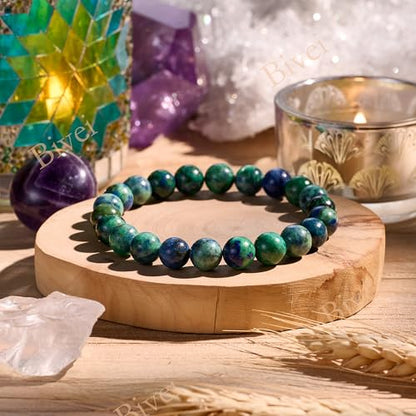 Bivei 8mm Beaded Bracelets for Women Handmade Semi Precious Natural Stone Stretch Elastic Jewelry Yoga Protection Gifts - color: Chrysocolla-Gentle Expression, size: Medium 6.8-7.3 inch