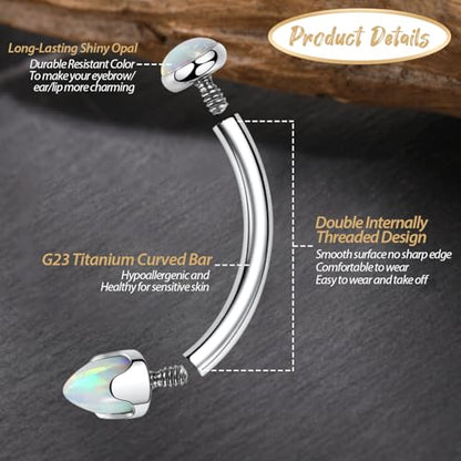 GAGABODY Titanium Eyebrow Jewelry - Curved Barbell & Labret Stud, 16g - Belly Button Ring & Cartilage Earring - Opal Bridge Jewelry - color: 1Pc-Arrow Shape White Opal
