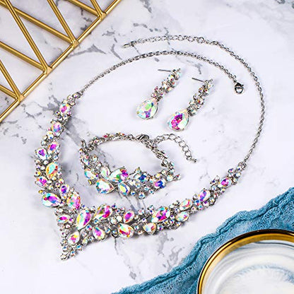 Wedding Bridal Jewelry Set for Women Bride Bridesmaids | Gorgeous Austrian Crystal Teardrop Cluster Statement Necklace Dangle Earrings Link Bracelet Set Prom Jewellery - color: 10-Iridescent AB Silver-Tone
