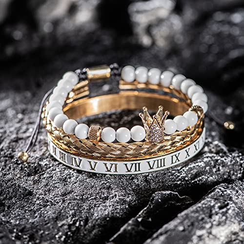 3pcs/set Classical Handmade Braiding Bracelet Hip Hop Men Pave CZ Leopard Head Roman Numeral Bracelet Stainless Steel Jewelry - color: 3pcs Q Gold Crown With Diamond