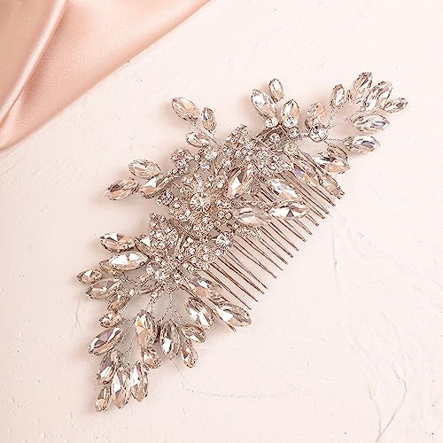 Wedding Silver Flower Leaf Crystal Rhinestone Hair Comb Teardrop Crystal Rhinestone Beads Hair Comb Wedding Hair Accessories for Women Girls