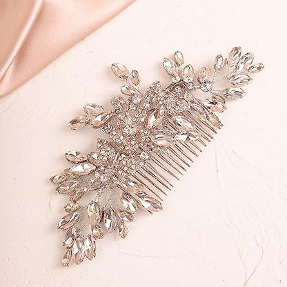 Wedding Silver Flower Leaf Crystal Rhinestone Hair Comb Teardrop Crystal Rhinestone Beads Hair Comb Wedding Hair Accessories for Women Girls