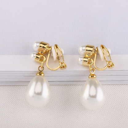 Pearl Clip on Earrings for Women Drop Clip Earrings for Women Gold Plated White Imitation Pearl Earrings Fashion - color: Waterdrop Pearl