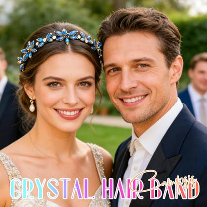 Campsis Blue Crystal Floral Hair Band Bridal Rhinestone Headband for Women | Sapphire Hair Band Jeweled Sparkly Headpiece Prom Banquet Hair Accessory