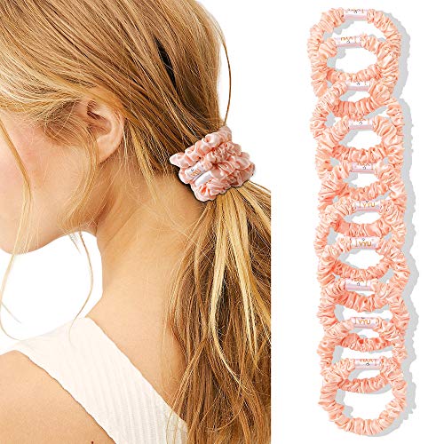 Scrunchies Silk Satin Hair Ties - Small Mini Thin Elestics Ponytail Holder Hair Bands Skinny Scrunchy For Thick Curl Hair No Crease Hair Ties Soft Accessories No Hurt Your Hair for Women and Girls - color: Pink