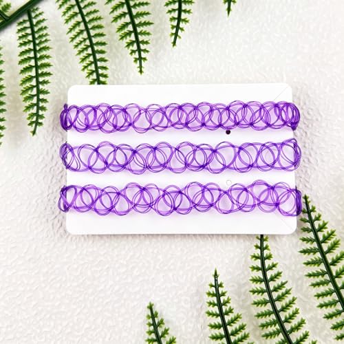3PCS Black Tattoo Choker Necklace Rainbow Tattoo Chokers Gothic 90s Choker Necklace Purple Tattoo Choker and Pink Chokers 2000s Y2K Multicolour Collar Adjustable Stretchy Elastic Necklace Jewelry Gift for Women - color: 3PCS Purple