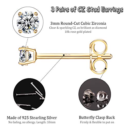 EPIRORA Sterling Silver Stud Earrings for Women Men- 3 Pairs 3mm Tiny Ball Stud Earrings Round CZ Earrings Pearl Earrings Set Cartilage Small Tragus Earrings - style: 3 Pairs-Cubic Zirconia Earrings(Gold)