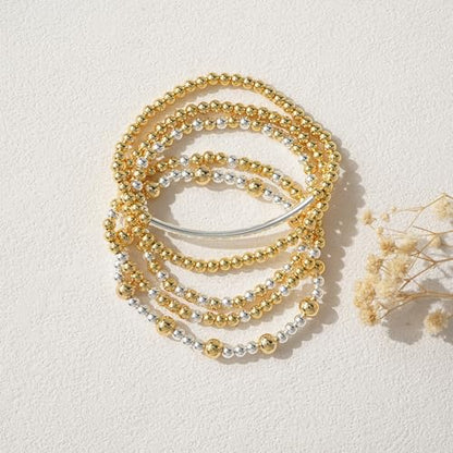 14K Gold Plated Beaded Bracelets Stack Set for Women,Stretch Boho Ball Jewelry Friendship Trendy - color: Gold silver