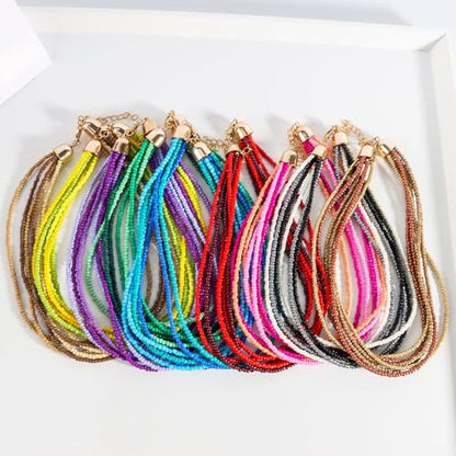Handmade Colorful Multi-layered Multi Strand Seed Beaded Stackable Bohemian Braided Choker Necklaces for Women Summer Hawaiian Beach Holiday Boho Statement Jewelry - color: pink