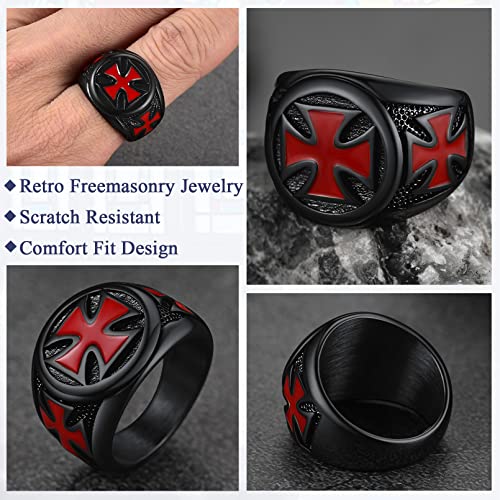 FaithHeart Mens Stainless Steel Crusader Jerusalem Cross Ring with 18K Gold Plated Two Tone Ring Size 7,8,9,10,11,12 - color: 01. Cross-Black