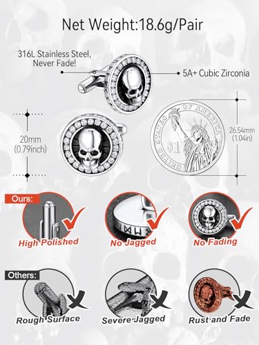 FaithHeart Mens Cufflinks, Norse Viking Tuxedo Shirt Cuff Links, Stainless Steel Cuff Links and Shirt Studs, Gift Box - style: 05. Skull CZ-Silver