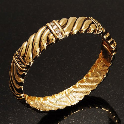 Avalaya Gold Plated Rope -Textured Crystal Hinged Bangle Bracelet