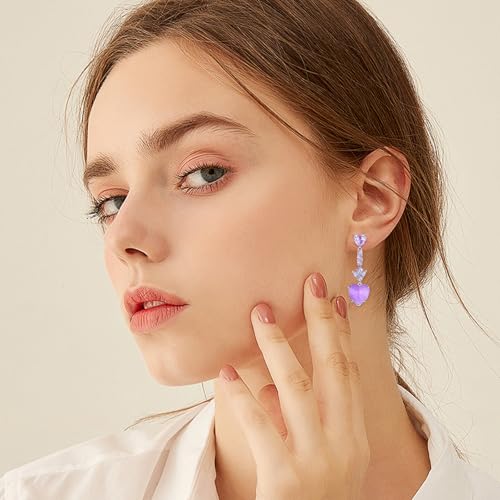 Crystal Heart Teardrop Dangle Earrings for Women Hypoallergenic Multicolor Cubic Zirconia Drop Earrings for Wedding Prom Party Daily Wear - color: Purple Heart