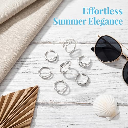 12 Pack Adjustable Toe Rings for Women, Plated Toe Ring Set, Summer Beach Open Toe Rings with Flower Arrow Tail Designs, Barefoot Foot Jewelry and Pinky Rings
